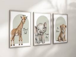 Safari Elephant Giraffe Lion Animal Baby Girls Boys A4 Or A3 Nursery Set Of Unframed Prints Unisex Neutral Boho Quote Beige Green Jungle - thumbnail 1