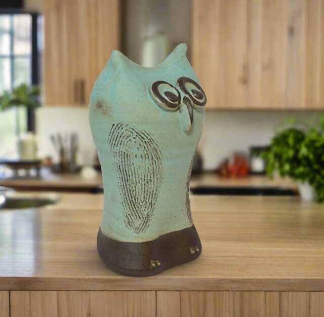 Handmade Pottery Owl Sculpture Matte Turquoise Ceramic Decor - image 1
