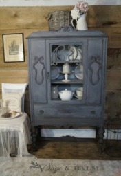 Sold - Grey Gustavian Shabby Chic Antique China Cabinet Hutch Distressed Chalk Painted Furniture Grey Depression Era