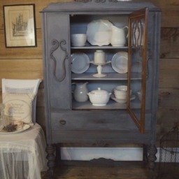 Sold - Grey Gustavian Shabby Chic Antique China Cabinet Hutch Distressed Chalk Painted Furniture Grey Depression Era - thumbnail 3