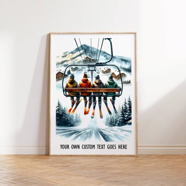 Custom Family Ski Poster - Personalised Print - Wall Art Skiing Gift Of 4 Snowboard Artwork Decor - image 1