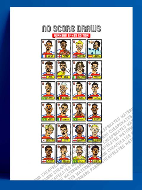 Arsenal Vol 4 - No Score Draws Gunners 24/25 Edition A3 Print Of 24 Hand-Drawn Panini-style Wonky Doodles Arteta's Team - image 1