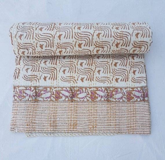 Handmade Indian Kantha Quilt Handblock Printed Cotton Bedspread, Queen - image 1