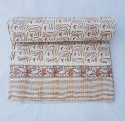 Handmade Indian Kantha Quilt Handblock Printed Cotton Bedspread, Queen