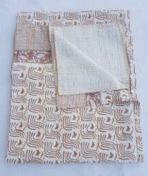 Handmade Indian Kantha Quilt Handblock Printed Cotton Bedspread, Queen - thumbnail 4