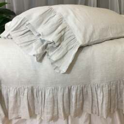 Stone Grey & White Ticking Striped Duvet Cover With Mermaid Long Ruffles - thumbnail 2