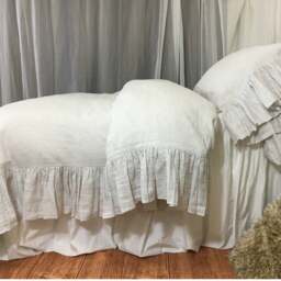 Stone Grey & White Ticking Striped Duvet Cover With Mermaid Long Ruffles - thumbnail 3