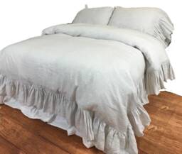 Stone Grey & White Ticking Striped Duvet Cover With Mermaid Long Ruffles - thumbnail 1