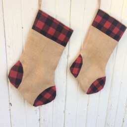 Buffalo Plaid & Burlap Christmas Stocking - Red & Black Check - Natural Burlap-Cotton Flannel - Rustic-Cabin-Woodland-Holiday Decor - thumbnail 2