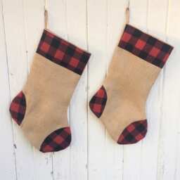 Buffalo Plaid & Burlap Christmas Stocking - Red & Black Check - Natural Burlap-Cotton Flannel - Rustic-Cabin-Woodland-Holiday Decor