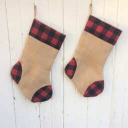 Buffalo Plaid & Burlap Christmas Stocking - Red & Black Check - Natural Burlap-Cotton Flannel - Rustic-Cabin-Woodland-Holiday Decor - thumbnail 3