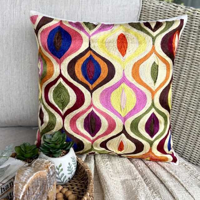 Embroidered Geometric, Multicolor Art Silk, 24x24/26x26 Modern Euro Sham - Multi Galore - image 1