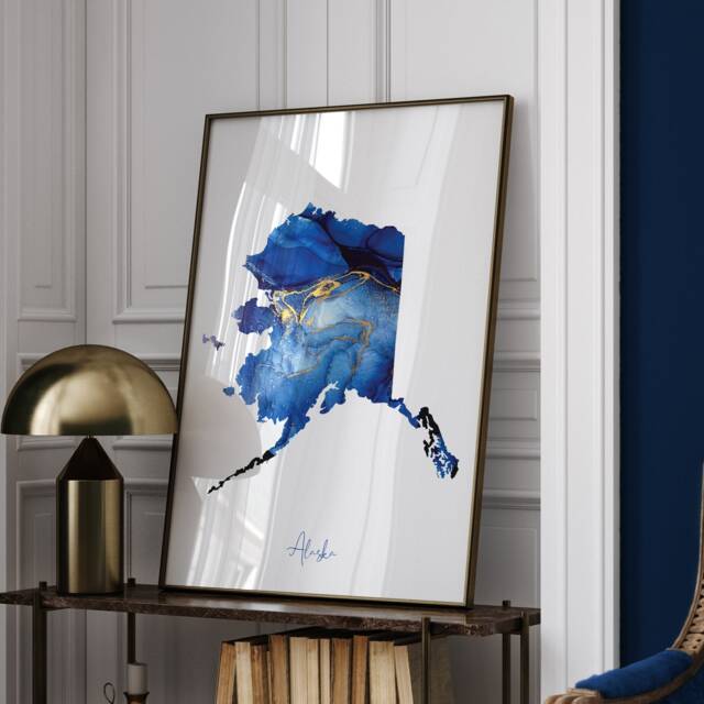 Alaska Map Blue & Gold Wall Art Print - Us State United States Of America Usa - image 1