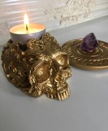 Handmade Small Gold Skull Tealight Holder, Intricate Gothic Skull, Gifts, Halloween Decor, Victorian Decor, Golden Accent