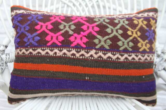 Antique Pillows, Body Pillow, Kilim Pillow Cover, 12x18 Pink Covers, Patterned Case, Vintage Accent 166 - image 1