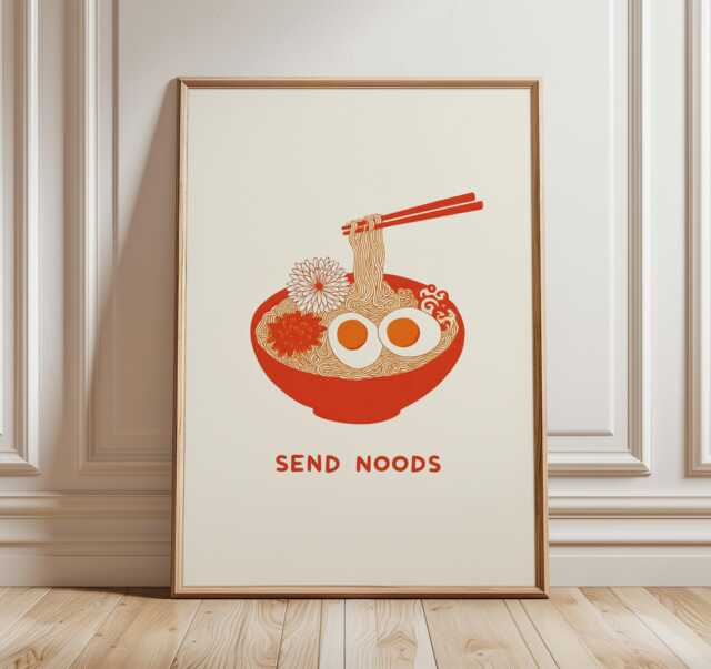 Send Noods Poster, Funny Kitchen Wall Art, Ramen Bowl Print, Minimalist Noodle Illustration, Asian Food Decor, Modern Typography Artwork - image 1