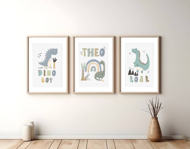 Personalized Dinosaur Prints, Kids Nursery Wall Art, Set Of 3 - image 1