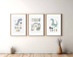 Personalized Dinosaur Prints, Kids Nursery Wall Art, Set Of 3 - thumbnail 1