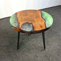 20 Inch Walnut Epoxy River Coffee Table, Live Edge Resin Wood Handmade Round Table With Black Metal Hairpin Legs - thumbnail 2
