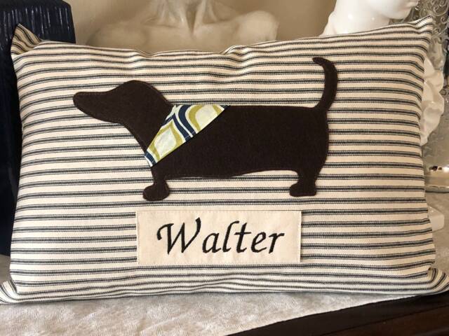 Personalized Dachshund Pillow Cover Appliqu?? Dog Throw, French Ticking - image 1
