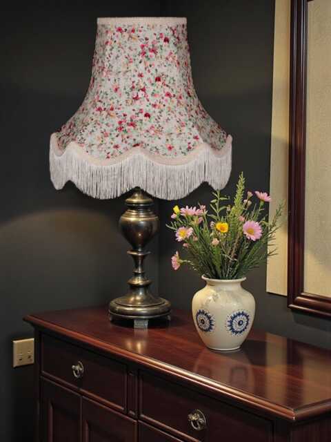 Pink Floral Lampshade With Cream Fringe British Made Fabric Ceiling Light Shade - image 1