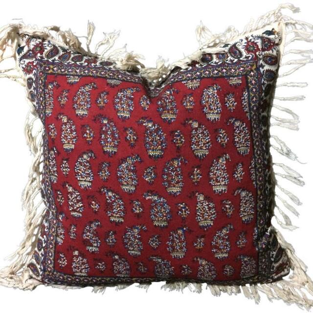 Hand Block Printed Red Paisley Pillow, 16 Inches Decorative Pillows , Natural Dyes Cotton & Linen Cushion, Textile Art - image 1