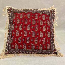 Hand Block Printed Red Paisley Pillow, 16 Inches Decorative Pillows , Natural Dyes Cotton & Linen Cushion, Textile Art - thumbnail 2