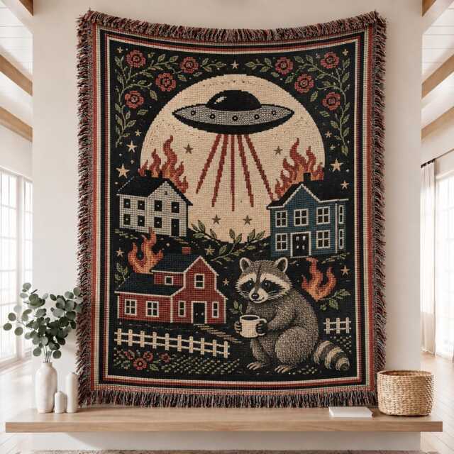 Raccoon Ufo Invasion Blanket, Chaotic Bohemian Western Woven Alien Opossum Country Throw Blanket - image 1