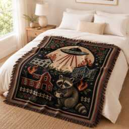 Raccoon Ufo Invasion Blanket, Chaotic Bohemian Western Woven Alien Opossum Country Throw Blanket - thumbnail 2