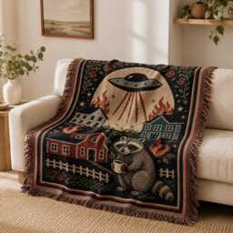 Raccoon Ufo Invasion Blanket, Chaotic Bohemian Western Woven Alien Opossum Country Throw Blanket - thumbnail 3