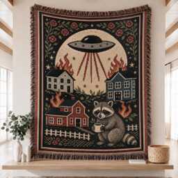 Raccoon Ufo Invasion Blanket, Chaotic Bohemian Western Woven Alien Opossum Country Throw Blanket - thumbnail 1