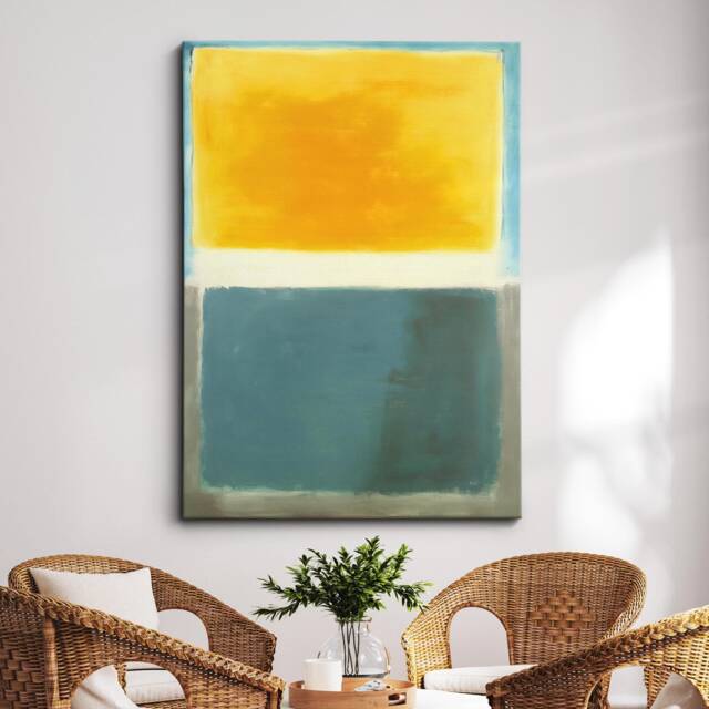 Modern Abstract Yellow & Teal Exhibition Oil Painting Wall Art, Framed Canvas Poster Print, Home Living Room Decor Gift Idea - image 1