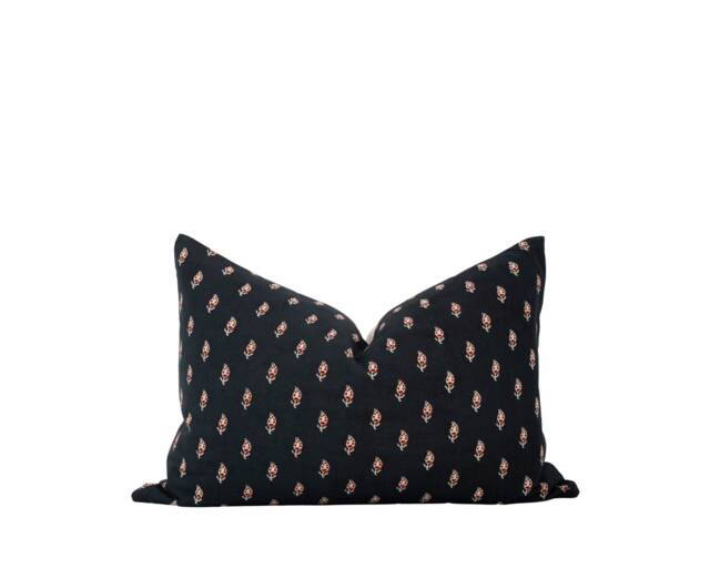 Indie -- Dark Navy & Red Pillow Cover Block Print Blue Floral Black Moody - image 1