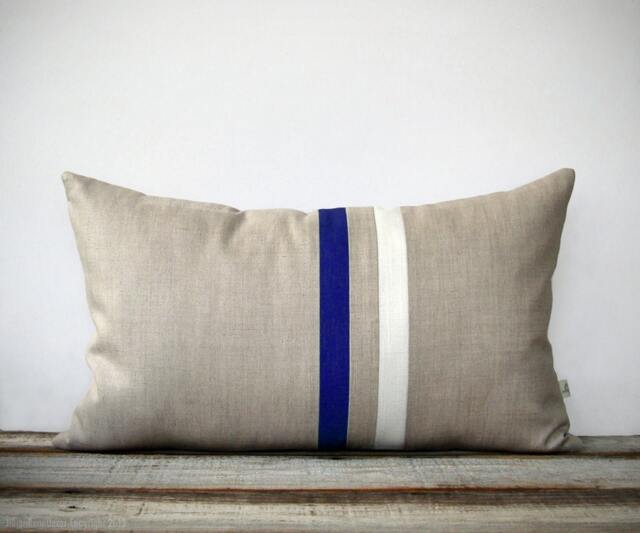 Cobalt & Cream Striped Lumbar Pillow - 12x20 Modern Home Decor By Jillianrenedecor - Indigo Blue Patriotic - image 1