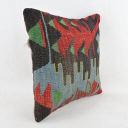 "Kilim Pillow, Wool Kilim Cousin From Anatolia, 40x40 cm, 16""x16" - thumbnail 2