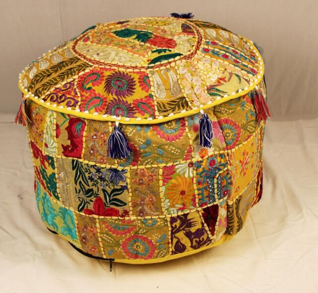 Embroidered Ottoman Pouf Cover Yellow Boho Floor Cushion - Unfilled - image 1