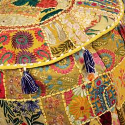 Embroidered Ottoman Pouf Cover Yellow Boho Floor Cushion - Unfilled - thumbnail 3