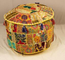 Embroidered Ottoman Pouf Cover Yellow Boho Floor Cushion - Unfilled - thumbnail 1