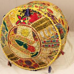 Embroidered Ottoman Pouf Cover Yellow Boho Floor Cushion - Unfilled - thumbnail 2