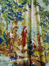 Toile Curtain Panel, Gold Beige Green Drapes, Victorian Country Style - thumbnail 1