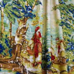 Toile Curtain Panel, Gold Beige Green Drapes, Victorian Country Style - thumbnail 3