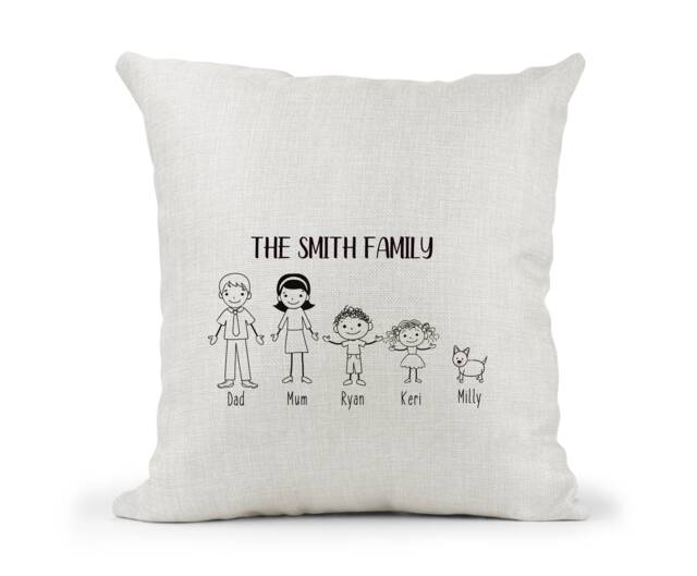 Personalised Family Cream Canvas Cushion, Scatter Home Decor, Stick People, New Gift, Wedding Friends Gift, Mum & Dad - image 1