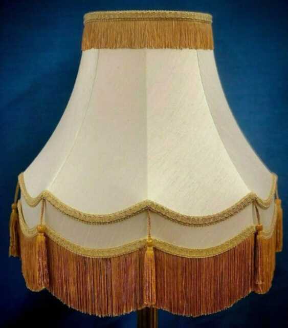 Handmade Cream Dupion Lampshade With Antique Gold Fringe - image 1