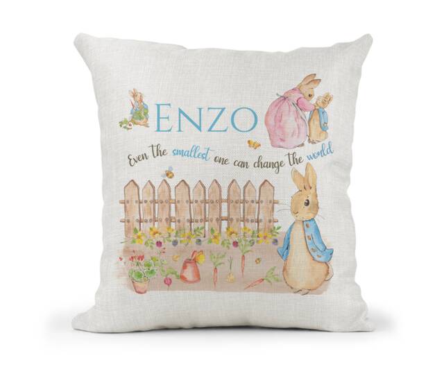 Personalised Peter Rabbit Cushion...boys Quote Even The Smallest One Can Change World.. New Baby Christening Gift - image 1