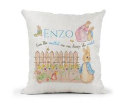 Personalised Peter Rabbit Cushion...boys Quote Even The Smallest One Can Change World.. New Baby Christening Gift - thumbnail 1