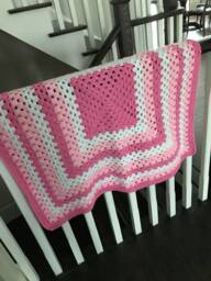 Pink Granny Square Blanket - Bunny Lovey Modern Baby Crochet White Girl Shower Gift - thumbnail 1