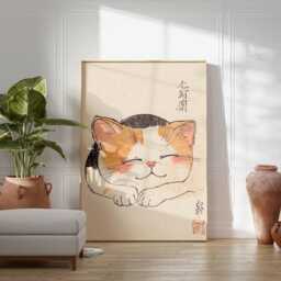 Minimalist Sleeping Cat Wall Art Print, Japanese Style Calico Poster, Modern Zen Decor, Cute Animal Artwork For Home - thumbnail 3