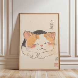 Minimalist Sleeping Cat Wall Art Print, Japanese Style Calico Poster, Modern Zen Decor, Cute Animal Artwork For Home - thumbnail 2