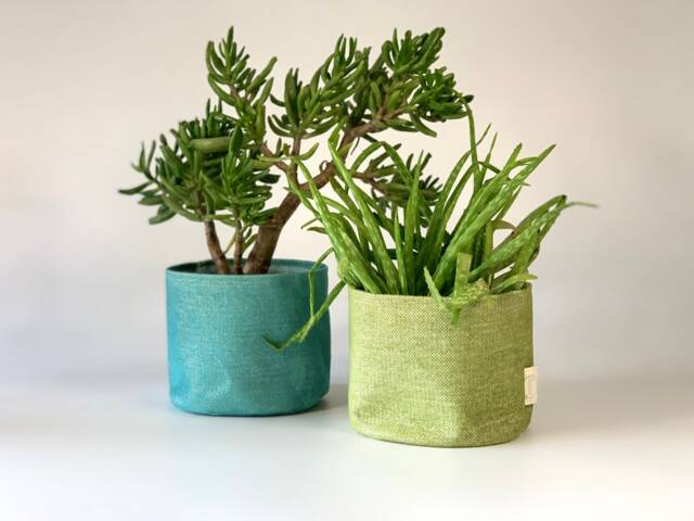 Handmade Turquoise/Green Plant Pot Cover, Reclaimed Fabric - image 1