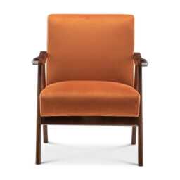 Velvet Armchair Mid Century Wooden Burnt Orange Accent Chair Vintage Brown Legs Art Deco Padded Seat - thumbnail 3